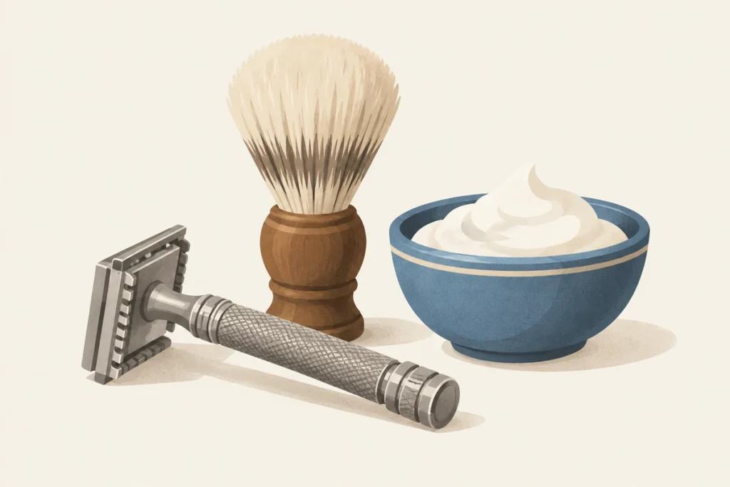 How to Shave with a Safety Razor: Angle, Pressure, Passes 1 Illustration of a safety razor, shaving brush, and lather bowl