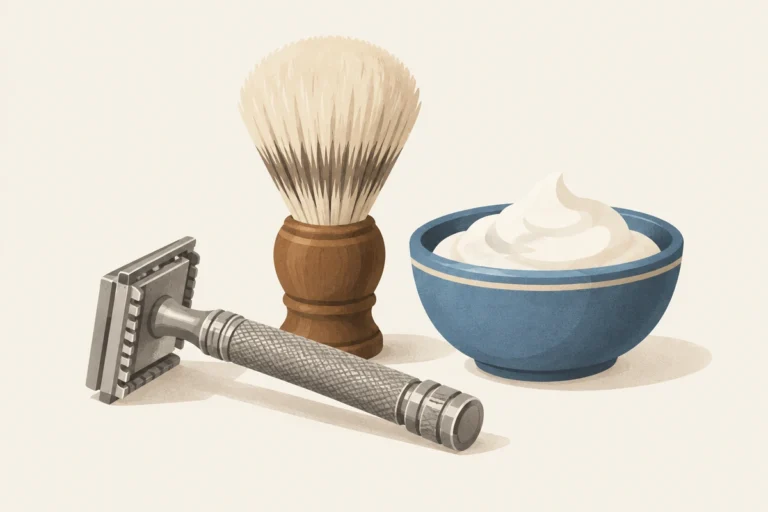 Illustration of a safety razor, shaving brush, and lather bowl