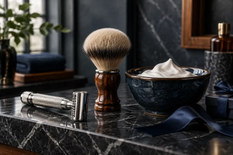 Best Safety Razors for Beginners and Gifts (2026 Guide) 6 Chrome safety razor, shaving brush and lather bowl on a dark marble shelf
