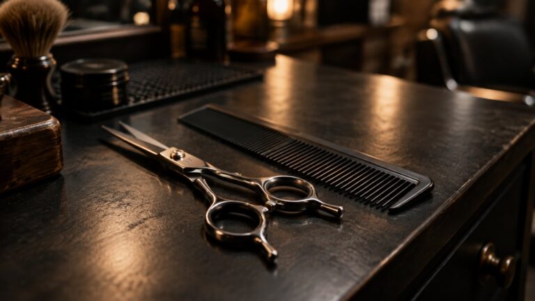 How to Cut Hair With Scissors: Three Barber Tutorials 6 Professional barber scissors and a cutting comb on a dark barbershop counter