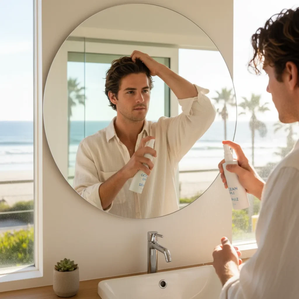 Best Sea Salt Sprays for Men (2026) 1 Man applying sea salt spray in front of a mirror