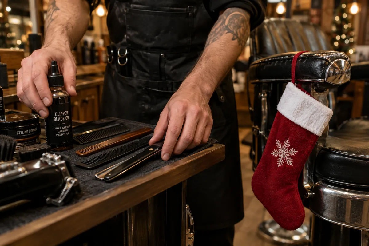 Stocking Stuffers for Barbers Under $25 (2026 Gift Guide) 2 Barber arranging clipper blade oil, combs and a styling razor next to a Christmas stocking hanging from a barber chair