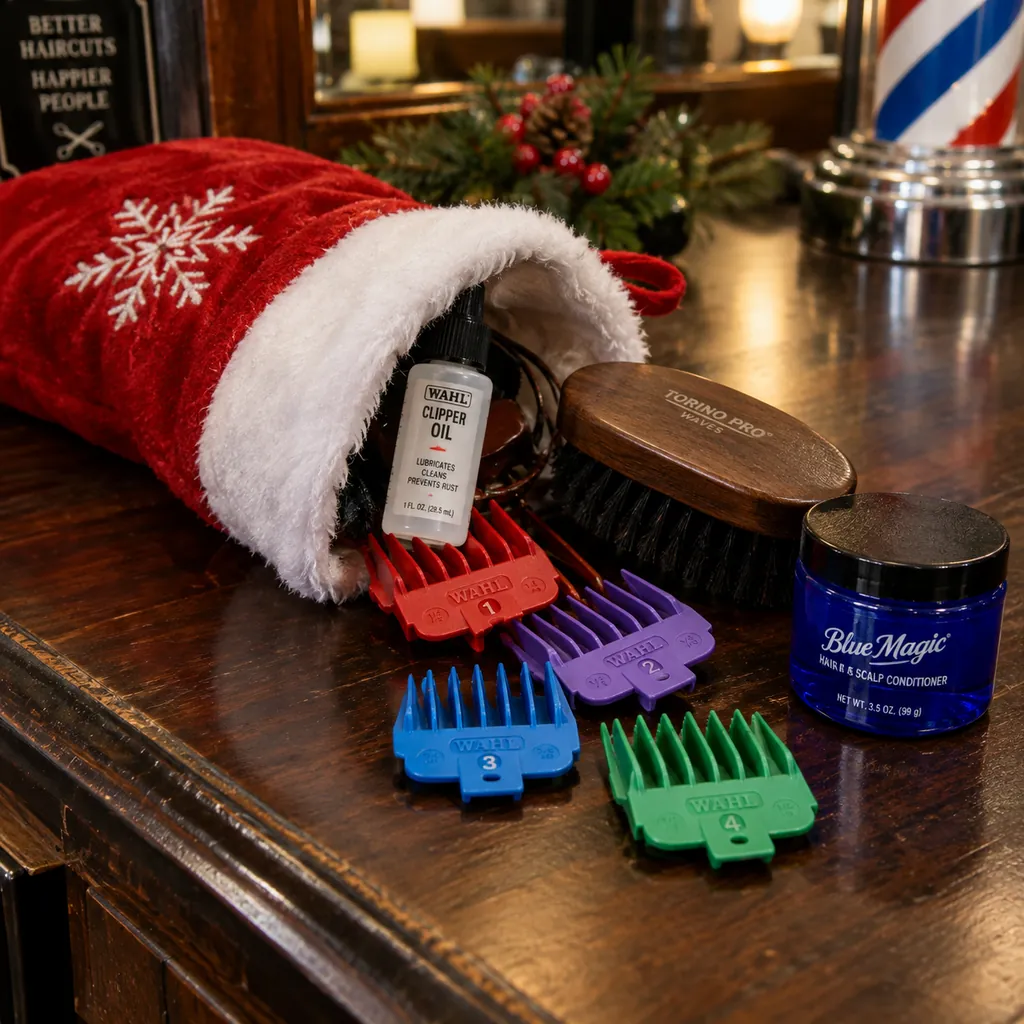 Stocking Stuffers for Barbers Under $25 (2026 Gift Guide) 1 Christmas stocking on a barber station counter spilling clipper oil, guide combs, a wave brush and a blue jar