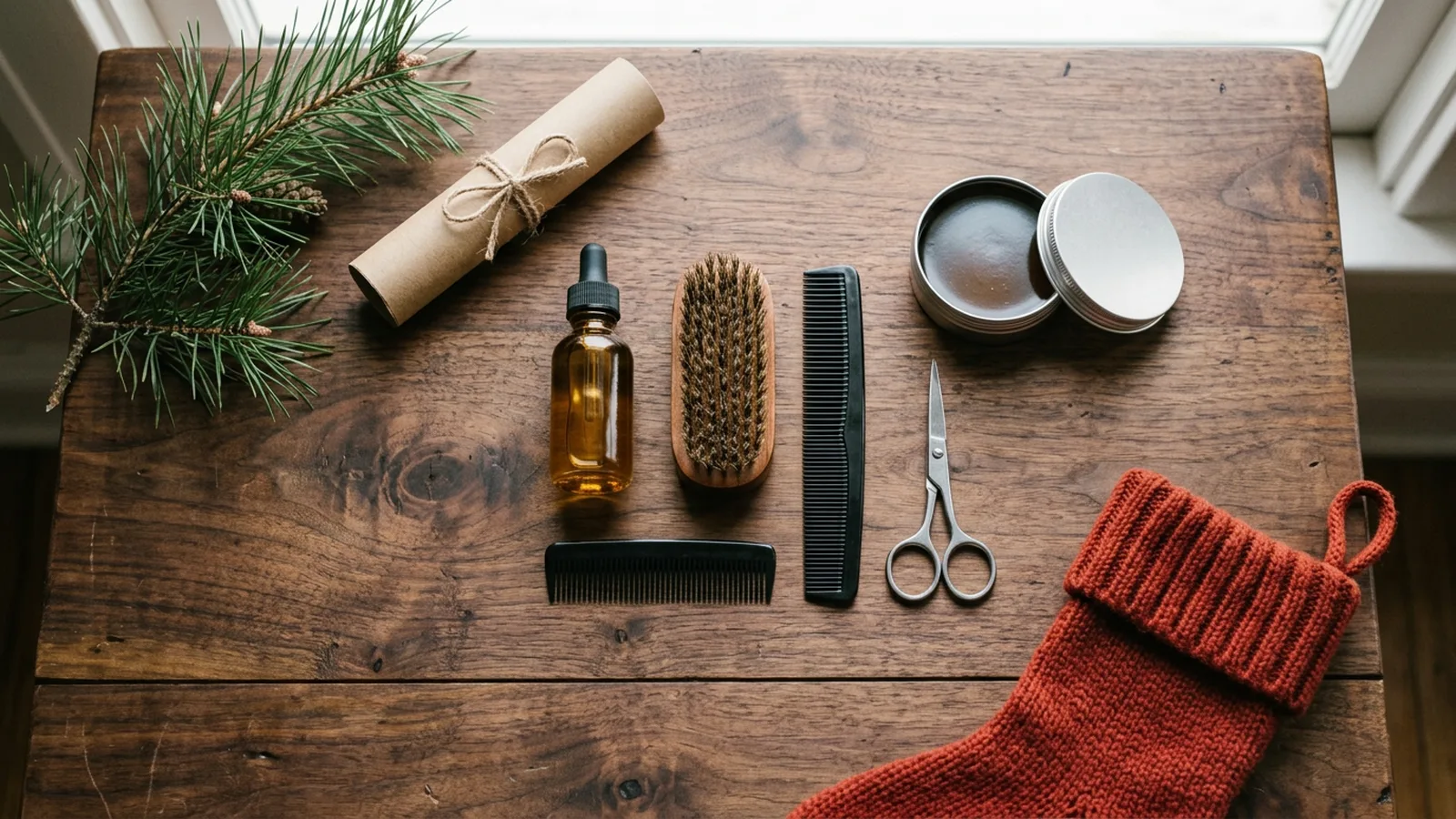 Beard and hair grooming stocking stuffers for men on a wooden table: beard oil dropper bottle, boar bristle beard brush, pocket combs, beard scissors and an open tin of pomade beside a red knit stocking and pine