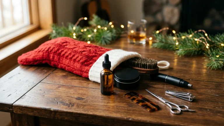 Best Stocking Stuffers for Men 2026: 12 Grooming Picks 3 Red knit Christmas stocking on a wooden table with beard oil, a pomade tin, a boar bristle beard brush, a pen-style nose trimmer, a pocket comb, grooming scissors and nail clippers