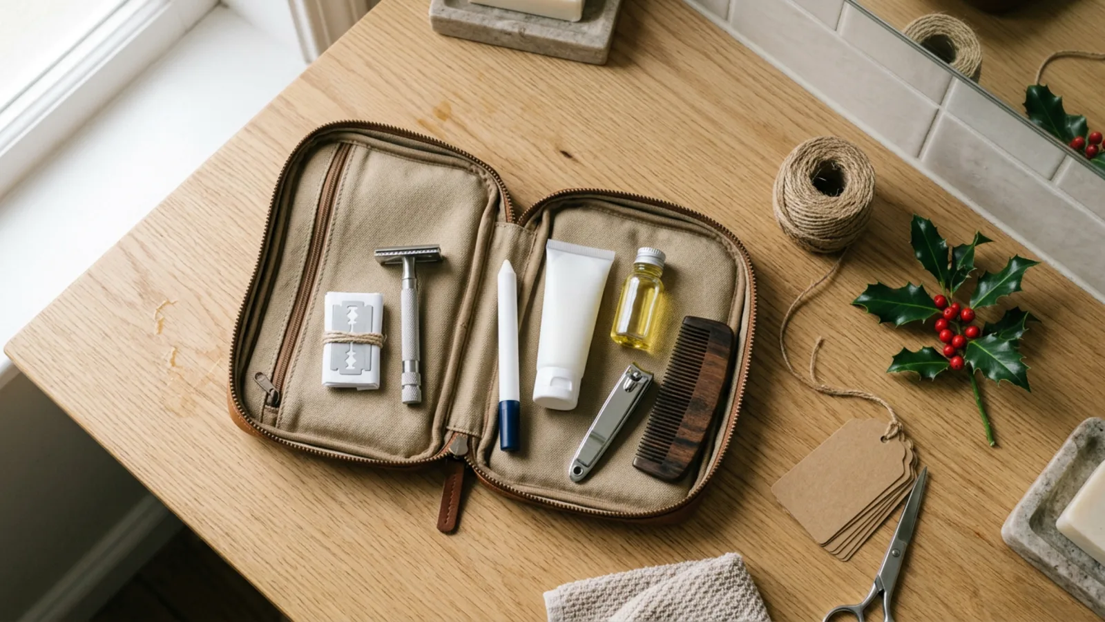 Small men's grooming gifts including a safety razor, razor blades, styptic pencil, aftershave tube, clipper oil, nail clipper and wooden comb arranged in an open canvas dopp kit beside holly and kraft gift tags
