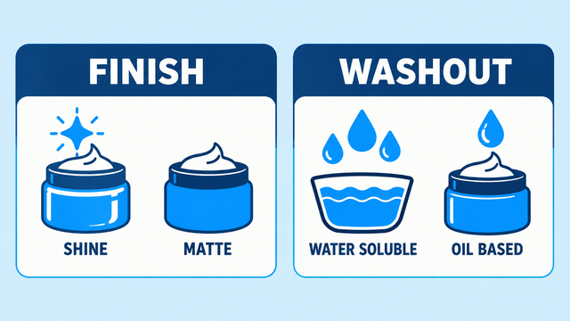 Pomade vs Clay vs Paste vs Wax: Which Styling Product Fits Your Hair 2 Blue illustration comparing shine and matte finishes separately from water-soluble and oil-based washout.