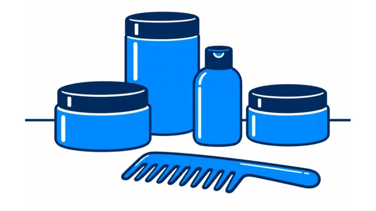 Pomade vs Clay vs Paste vs Wax: Which Styling Product Fits Your Hair 3 Illustration of four unbranded blue styling-product containers and a wide-tooth comb.