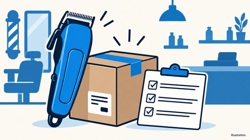 BarberSupplies.com Review: Shipping and Return Rules 5 Illustration of an unbranded clipper, parcel and checklist in a generic barber shop.