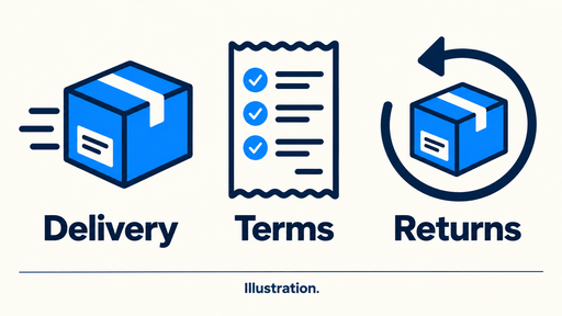 614 Barber Supply Review: Repairs, Delivery and Returns 2 Illustrated delivery box, purchase checklist and returns arrow.