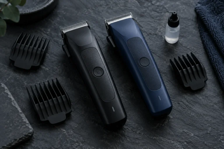 Suprent Black Shield vs Mecha: Budget Clippers for Beginners 3 Two generic cordless hair clippers, one black and one navy, with guide combs and blade oil on a dark slate surface