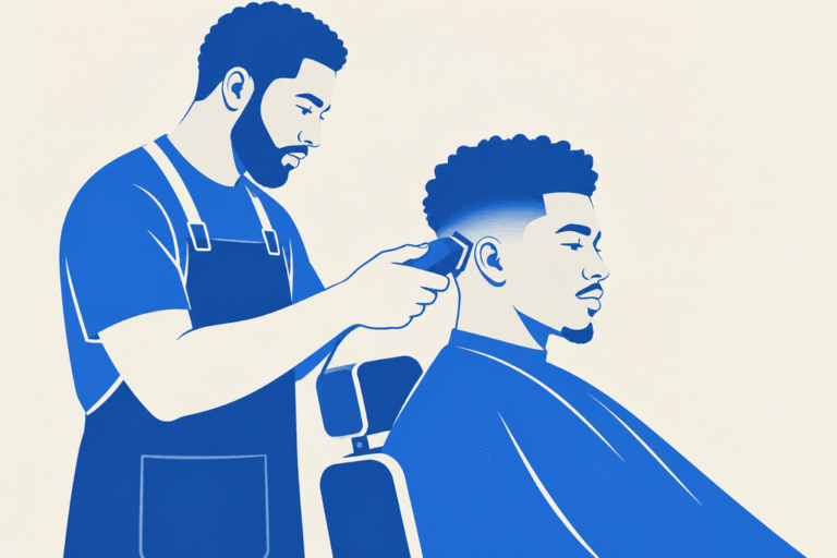 How to Cut a Taper: Two Barbers' Systems, Step by Step 9 Barber cutting a high taper fade with clippers, flat illustration