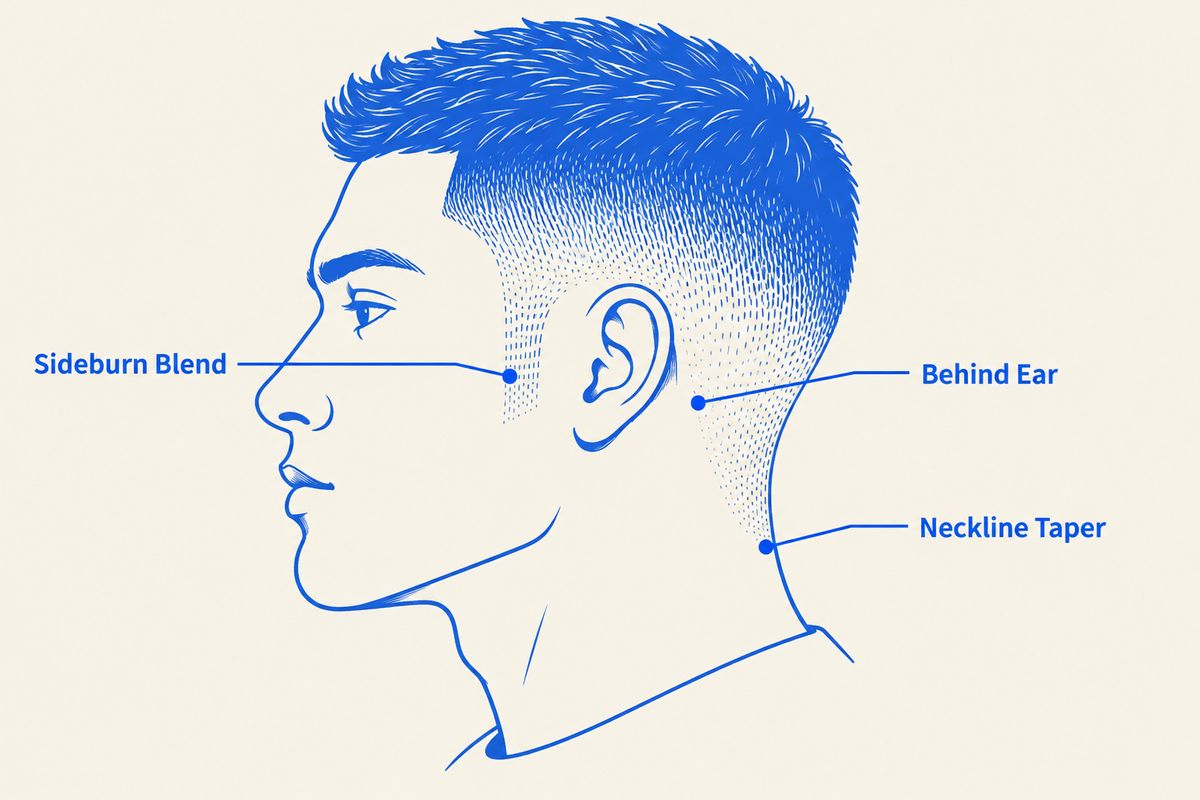 How to Cut a Taper: Two Barbers' Systems, Step by Step 2 Taper haircut diagram showing the three tight blend zones at the sideburn, behind the ear, and the neckline
