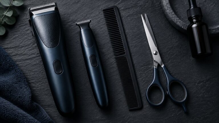 How to Build a Barber and Haircut Toolkit: What to Buy First 3 Flat lay of a clipper, trimmer, comb and scissors on dark slate