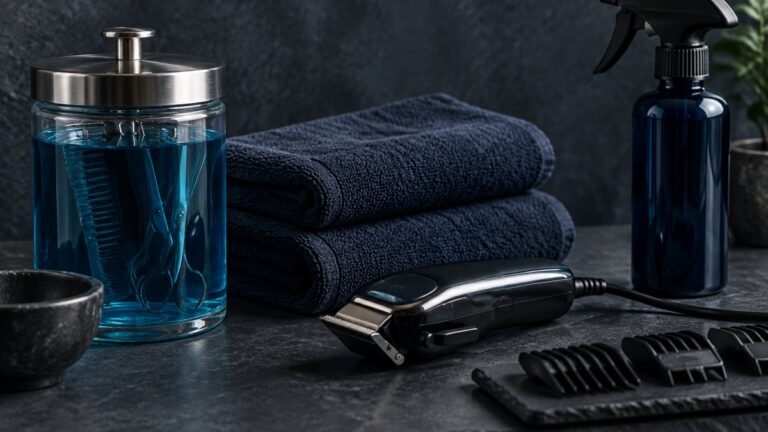 Barber Supplies Buying Guide: Clippers, Blades and Consumables 2 Barber supplies and a clipper arranged on dark slate