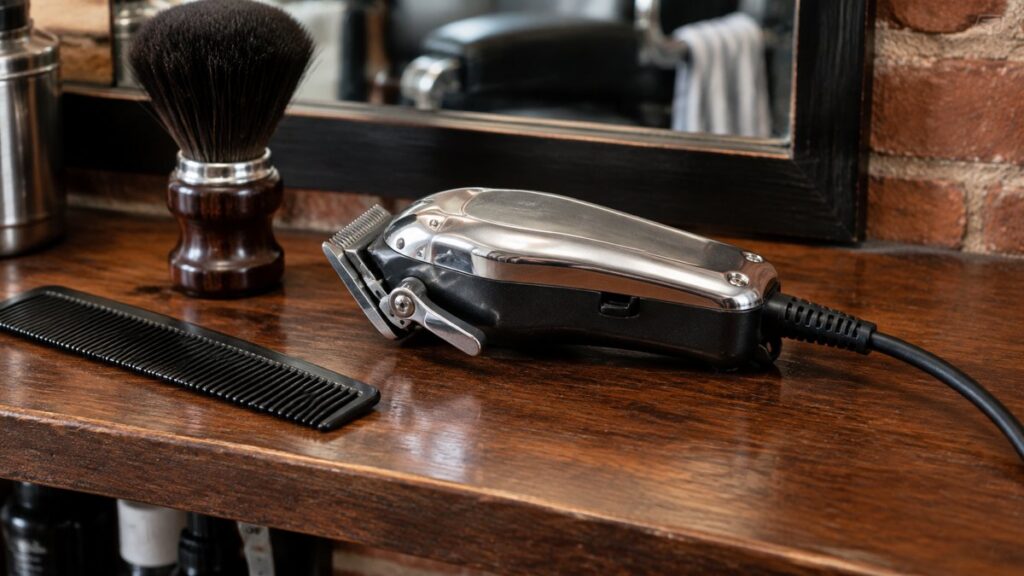 Oster Classic 76: What the Corded Clipper Offers and Who It Suits 1 Heavy-duty corded barber clipper on a shelf beside a comb and brush