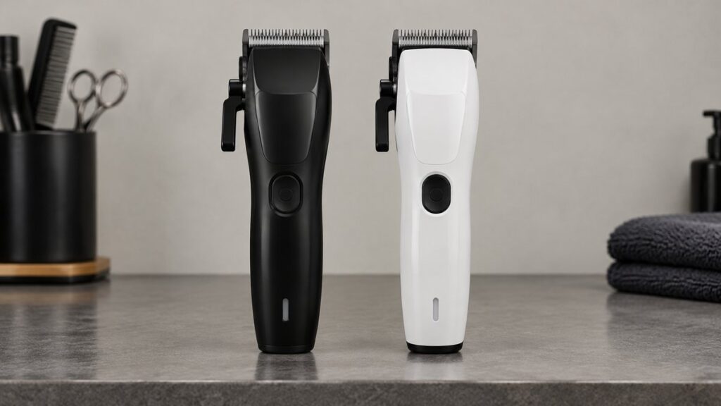 Black and white cordless barber clippers standing side by side on a counter