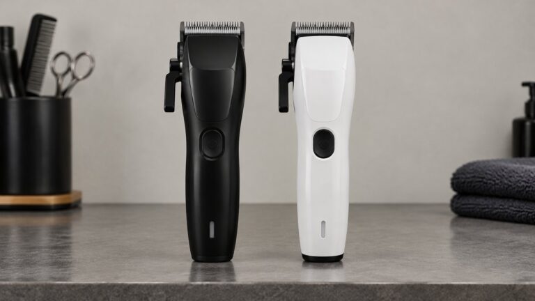 JRL Onyx vs TPOB Play: Which Cordless Clipper Wins? 8 Black and white cordless barber clippers standing side by side on a counter