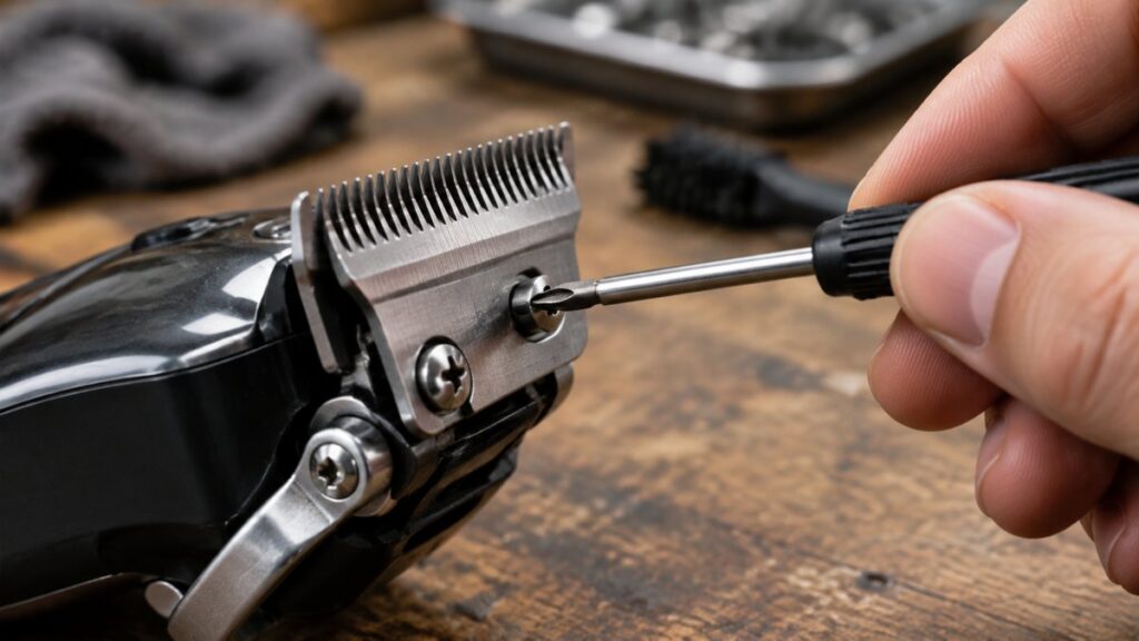 Hand adjusting the blade screws on a hair clipper with a small screwdriver