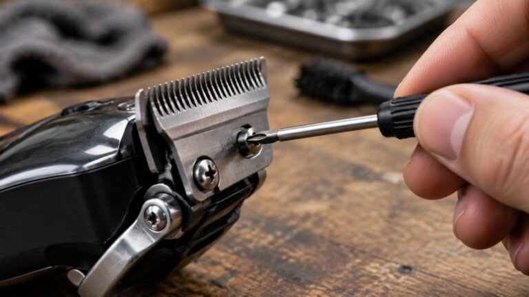 Hand adjusting the blade screws on a hair clipper with a small screwdriver