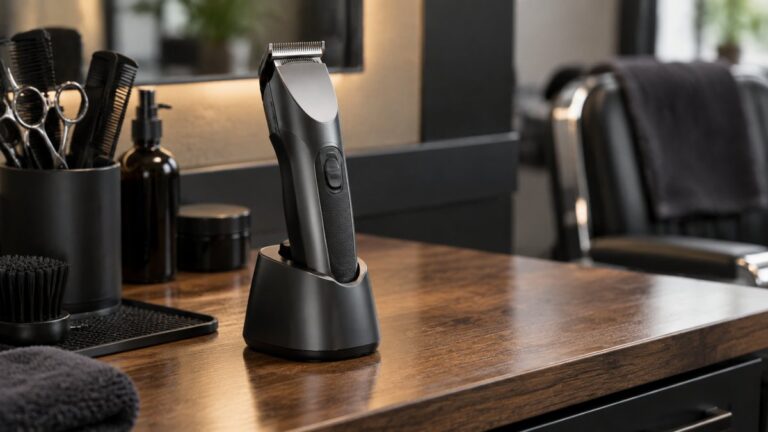 Gamma+ StyleCraft Instinct vs Instinct Metal: What Differs 6 Compact cordless hair clipper sitting in a charging stand at a barber station