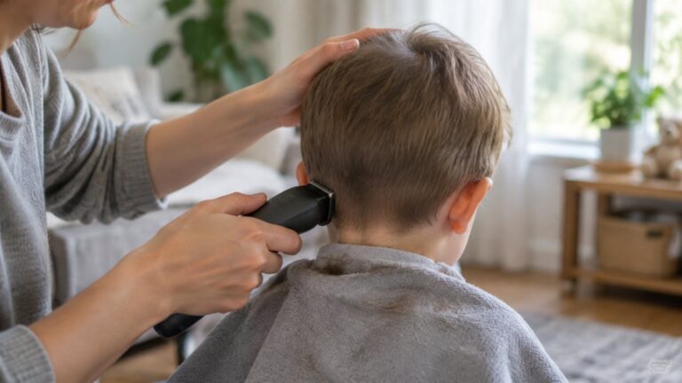 Parent trimming a young child's hair at home with a small clipper