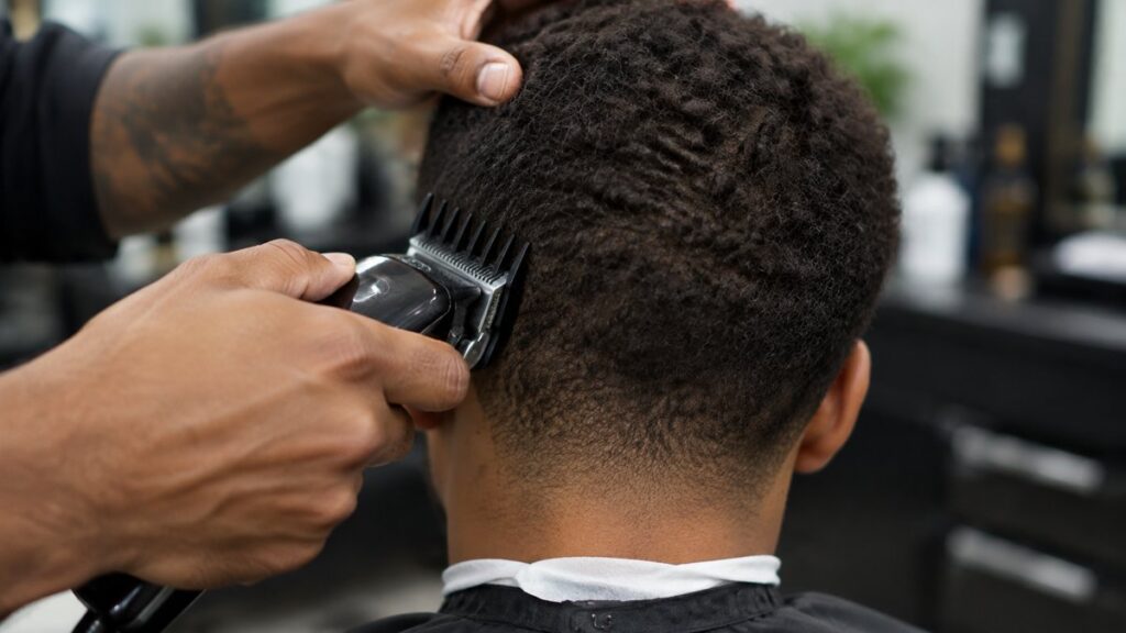 Barber using a guarded clipper on short textured curly hair
