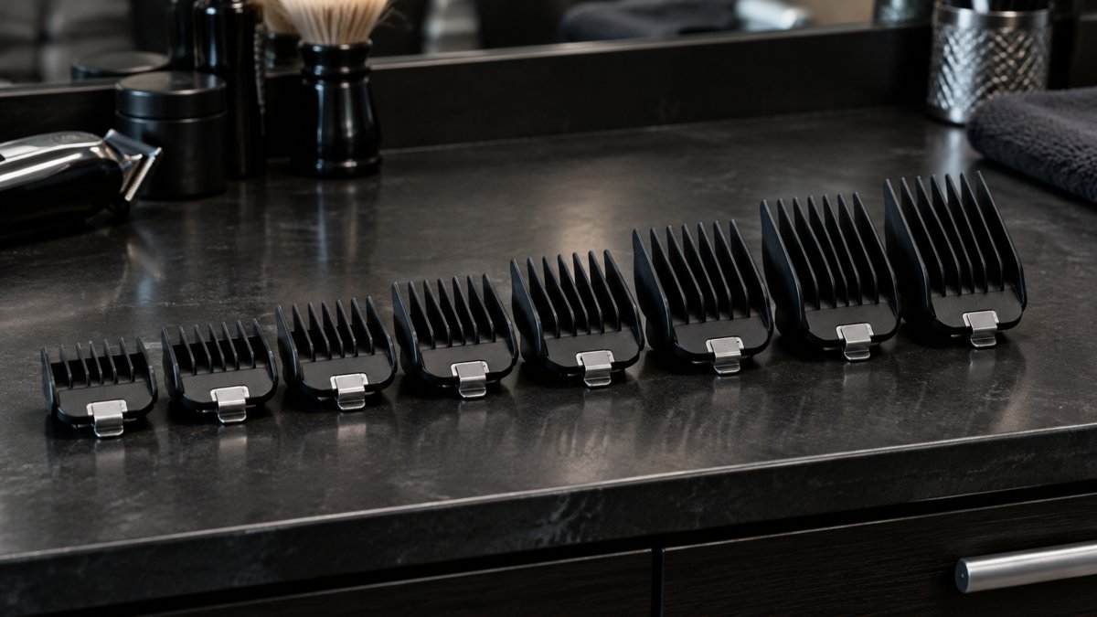 Number 1 Guard Buzz Cut: Length, Look and How To Get It 2 Row of numbered clipper guard combs arranged by size on a barber counter