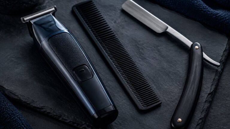 How to Line Up a Hairline: Tips From Three Barber Tutorials 5 Trimmer, comb and razor laid out on dark slate for a hairline lineup