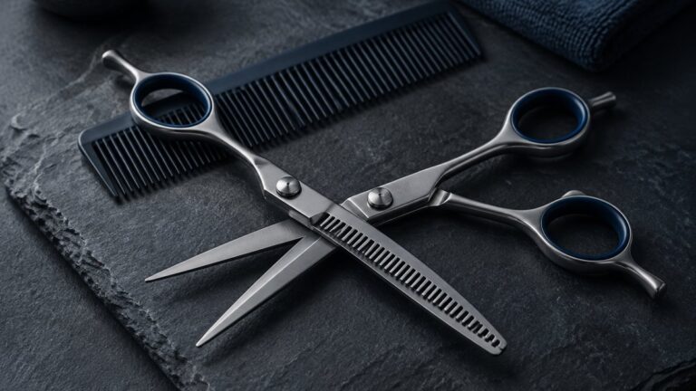 Barber Shears: Straight vs Thinning and Which Length to Use 13 Straight and thinning barber shears crossed on dark slate