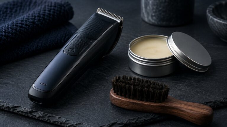 How to Shape a Beard: Neckline, Cheek Line and Lip Line Tips 7 Beard trimmer, brush and balm tin on dark slate