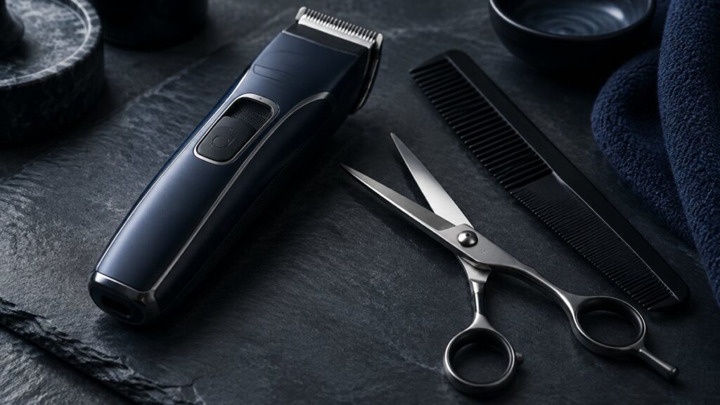 How to Cut a Mullet: Tips From Two Barber Tutorials 1 Clipper, shears and comb on dark slate for a modern mullet cut