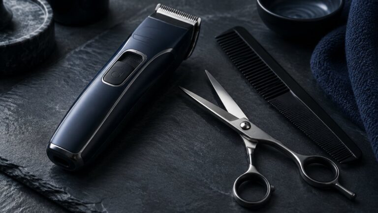 Clipper, shears and comb on dark slate for a modern mullet cut