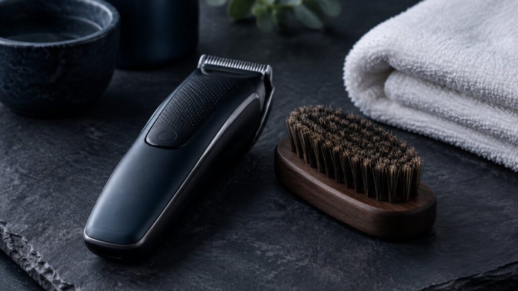 How to Fade a Beard: Two Barbers' Step-by-Step Systems 1 Beard trimmer, brush and folded towel on dark slate