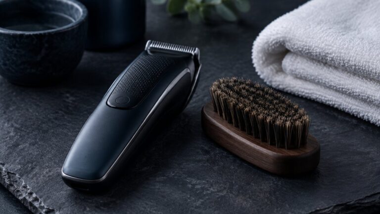 Beard trimmer, brush and folded towel on dark slate