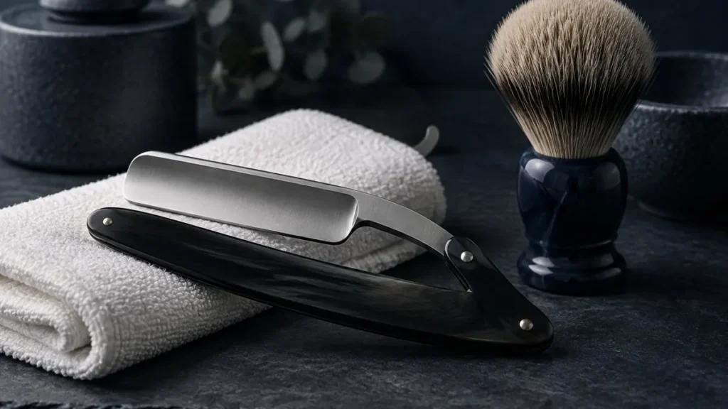 How to Do a Hot Towel Shave: Step-by-Step Barber Method 1 Straight razor, shaving brush and folded towel on a barbershop dark slate counter