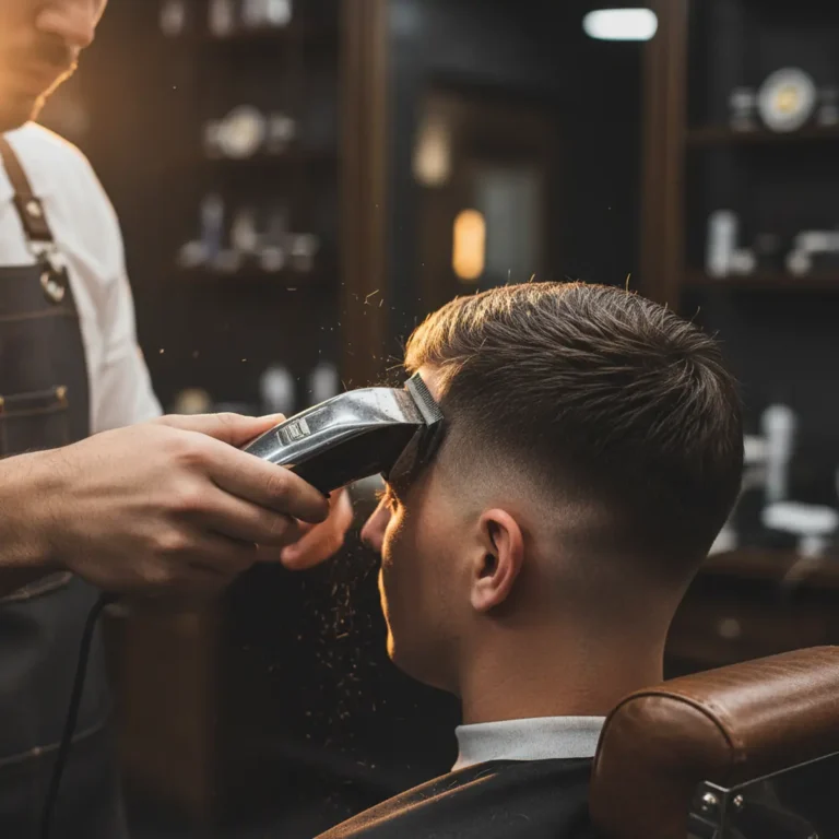 Drop Fade: The Three-Step Method a Barber Uses 1 Barber using clippers on the side of a client's fade haircut.