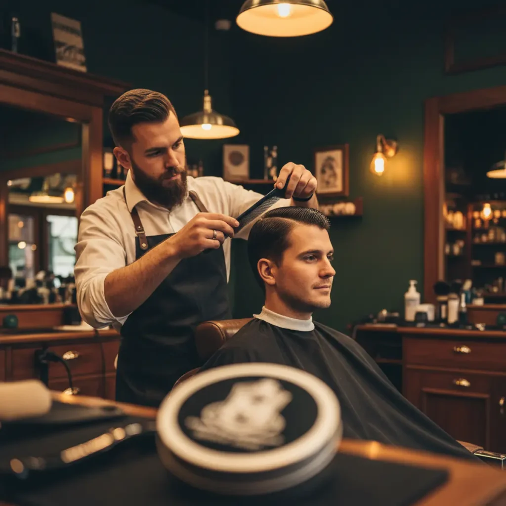 How Men Keep Gray Hair Sharp: The Silver Playbook 1 Man with sharp silver gray hair in the barber chair