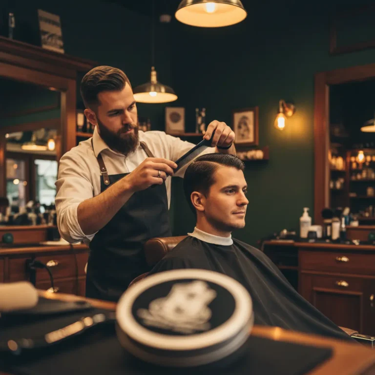 Man with sharp silver gray hair in the barber chair