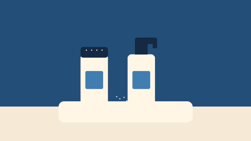 Illustration of a plain unbranded powder shaker and pump bottle on a cream counter against a blue background.