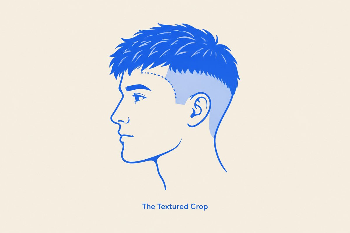 Textured crop haircut diagram for a receding hairline