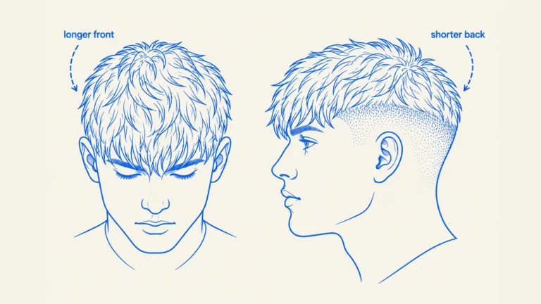Illustration of a men's textured fringe haircut from the front and side, longer at the front and shorter at the back