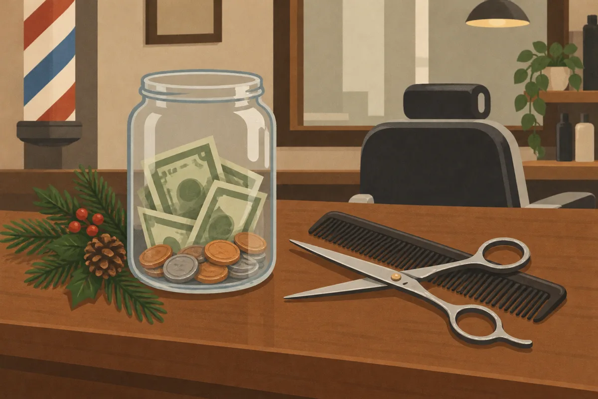 Illustration of a barbershop counter with a glass tip jar holding coins and bills, crossed barber shears and a comb, and a sprig of pine with a pinecone.