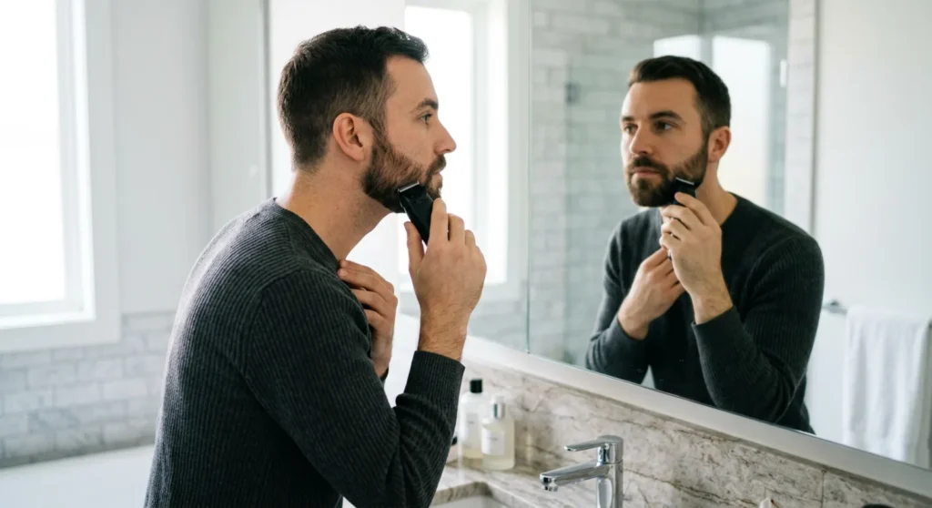 Man with a short beard cleaning up his cheek line with a handheld trimmer in a bathroom mirror
