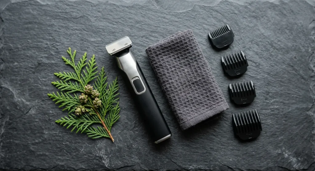 Slim cordless trimmer with guide combs, a gray towel and a cedar sprig on dark slate
