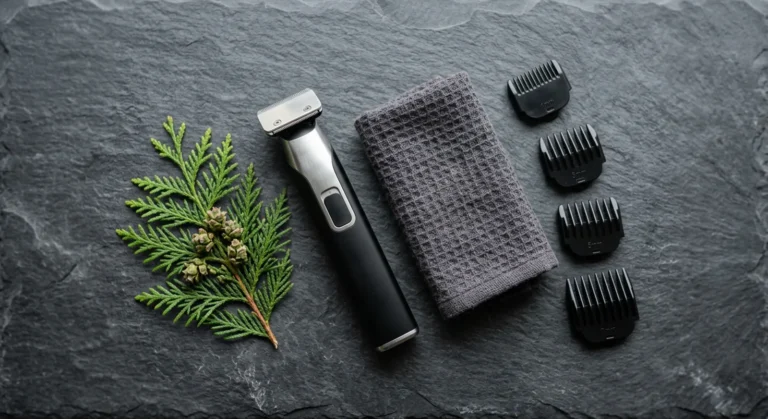 Wahl TrimNinja Review 2026: Is This Always-Sharp Hybrid Worth It? 4 Slim cordless trimmer with guide combs, a gray towel and a cedar sprig on dark slate