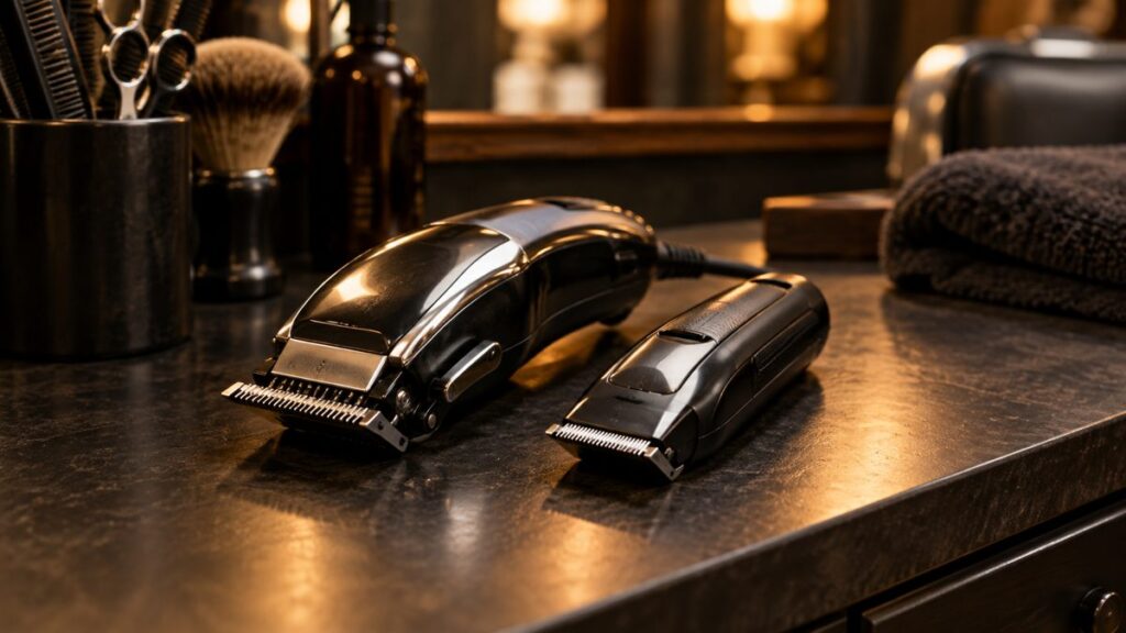 TPOB Play vs Play Max vs Play Mini: Which One to Buy in 2026 1 Corded clipper and a small trimmer lying on a dark barbershop counter beside a brush and scissors