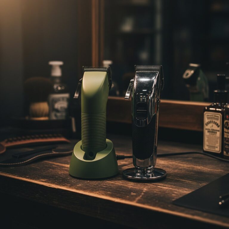 TPOB Slime 2 vs. Wahl Magic Clip Cordless: Which One Deserves Your Chair? 6 TPOB Slime 2 clipper with matte green case next to a chrome Wahl Magic Clip Cordless on a barbershop counter
