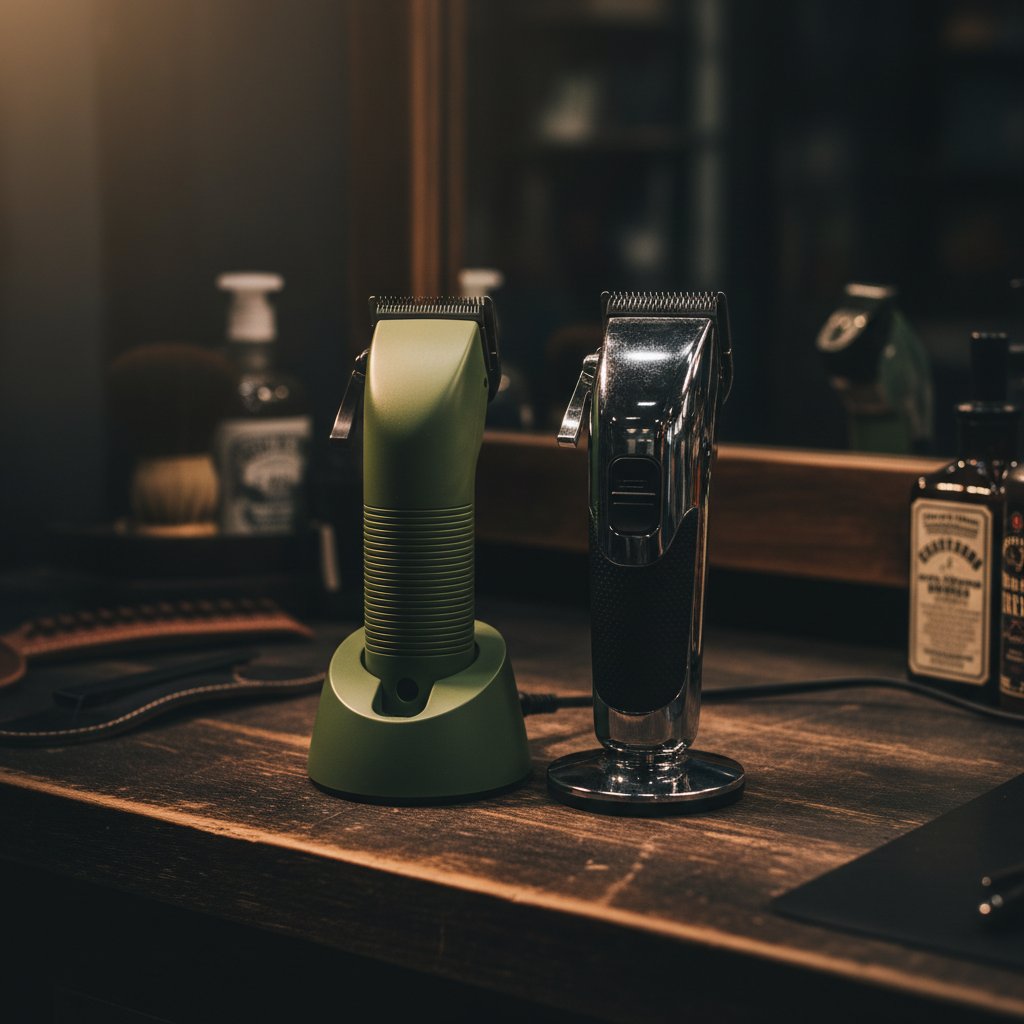 TPOB Slime 2 vs. Wahl Magic Clip Cordless: Which One Deserves Your Chair? 1 TPOB Slime 2 clipper with matte green case next to a chrome Wahl Magic Clip Cordless on a barbershop counter