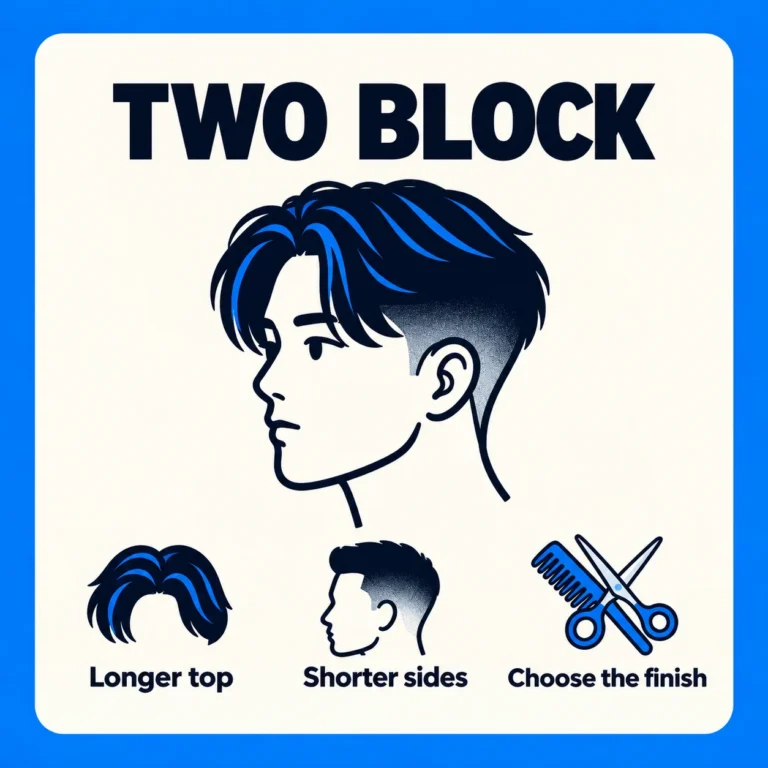 Two Block Haircut: Cut the Korean Classic Right 1 Conceptual illustration of a longer parted top and shorter sides labelled Longer top, Shorter sides and Choose the finish.